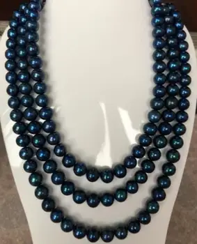 

free shipping >>>>9-10mm round black blue pearl necklace 14K