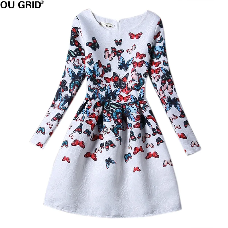 

Print Dress 2016 Women Autumn Vintage print Fashion O-neck Long Sleeve Casual Dress New Arrival 19 Color