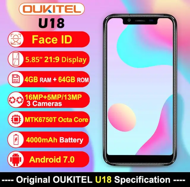 Best Offers Oukitel U18 4GB 64GB 21:9 Screen SmartPhone 5.85 Inch MTK6750T Octa Core 13MP Dual Camera Android 7.0 Fingerprint Face ID OTG