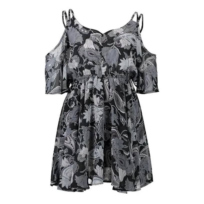 Casual Beach Dress Cold Shoulder ruffle print Summer dresses women High waist strap chiffon beach dress Boho party sexy dresses (17)