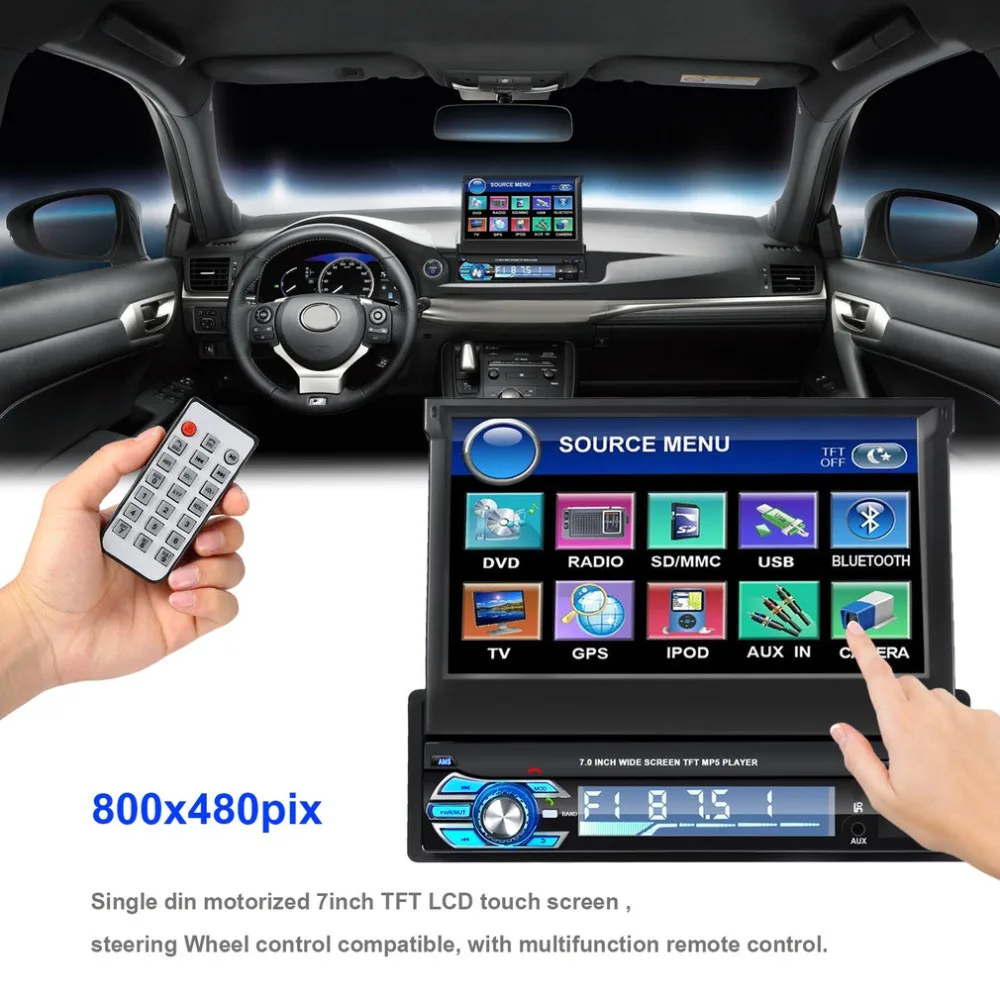Один DIN Черный Прочный 7 дюймов моторизованный сенсорный экран зарядное устройство для автомобиля с стерео FM Радио Bluetooth USB/SD Универсальный плеер RM-GW9601