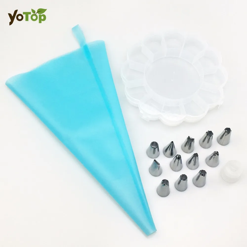 

YOTOP 14Pcs/Set TPU Icing Piping Cream Pastry Bag Stainless Steel Nozzle Pastry Tips Converter Storage Cake Decorating Tool