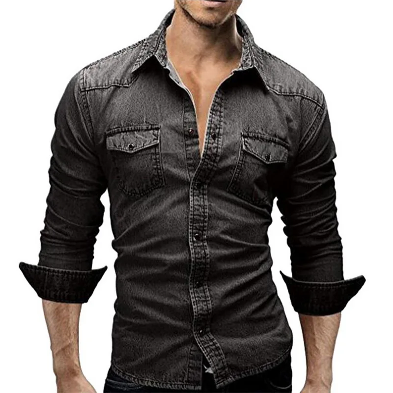 

SHUJIN 2019 Turn-down Collar Long Sleeve Men Denim Shirt with Pocket Casual High Street Shirt Fit Male Cotton Shirt hombre