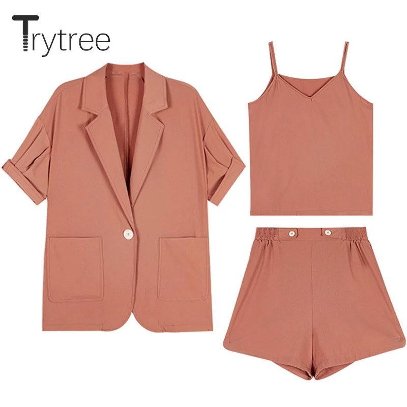 

Trytree 2019 Summer Women three piece set Casual Solid Turn-down Collar Tops + Shorts Elastic Waist Office Lady Suit 3 Piece Set