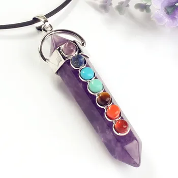

KFT Silver Plated Natural Healing Hexagon Column Pendulum with 7 Small Beads Balancing Chakra Stonel Pendant Fashion Jewelry