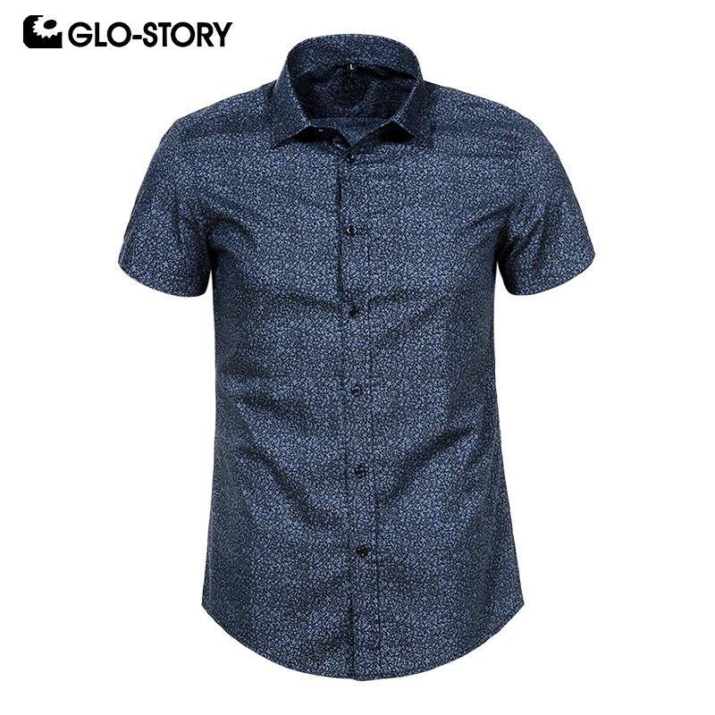 

GLO-STORY Men's 2019 Summer Short Sleeve Formal Shirt Men Print Button Down Cotton Dress Shirts Blouse Tops Clothes MCS-7907