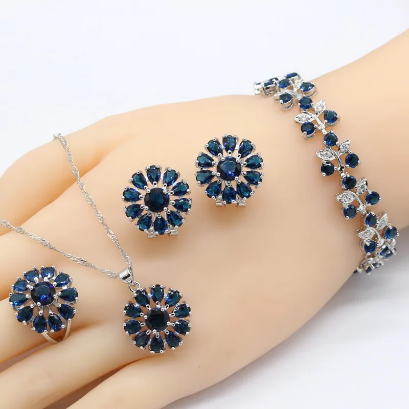 925 пробы серебряные кольца наборы для женщин Серебряные Ювелирные наборы для невесты цветок синее циркониевое ожерелье кольцо Клипсы Серьги Браслет
