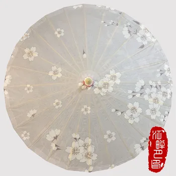 

Craft Handmade Grey Background Oil Paper Umbrella White Sakura Flowers Blossom Paper Parasol Chinese Ancient Paper Umbrella