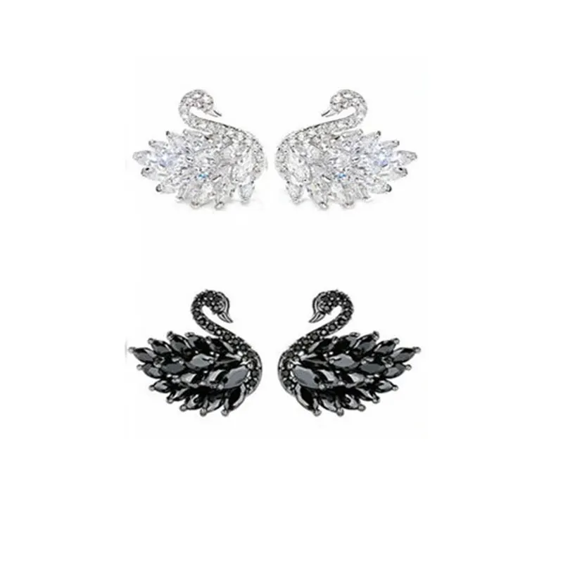 

LuxJuly Women Jewelry Black White Crystal Zircon Swan Design Silver Color Earring Free Shipping