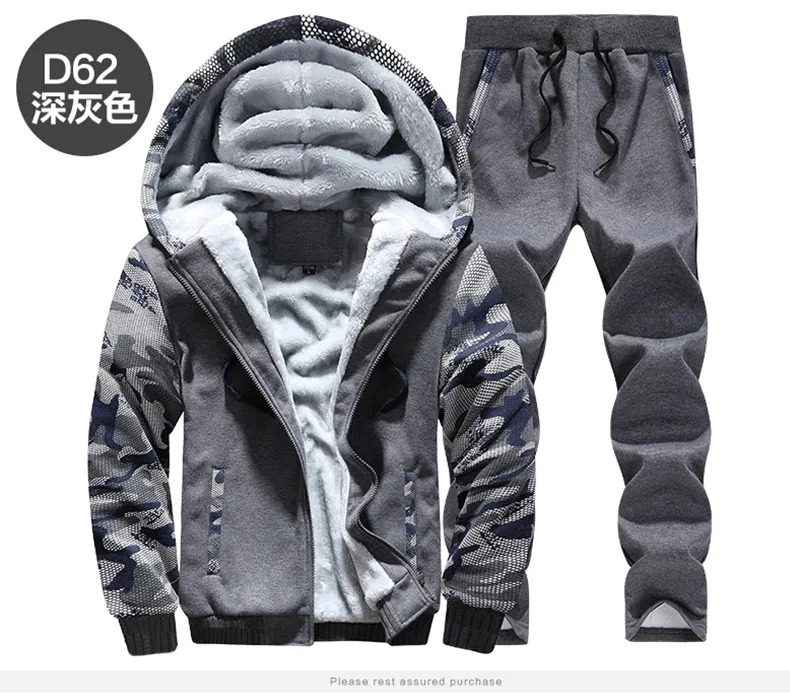 2019 Winter Plus velvet thick thermal hoodie Men pullover Sweatshirt + pants Hooded Coat Male zipper jacket & pants Set hoodies