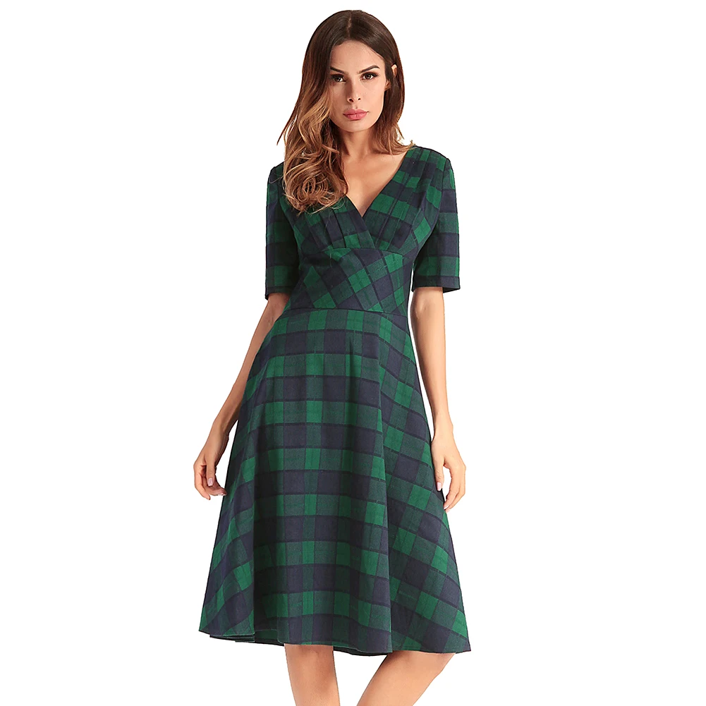 Aliexpress.com : Buy New Fashion Women Plaid Checked Midi Dress V Neck Short Sleeve Slim Vintage 