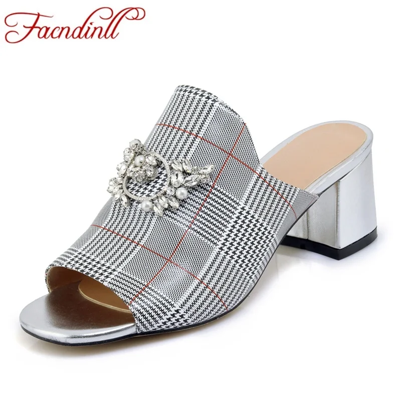 

FACNDINLL women shoes new 2018 summer fashion genuine leather high heels peep toe black shoes woman dress party casual sandals