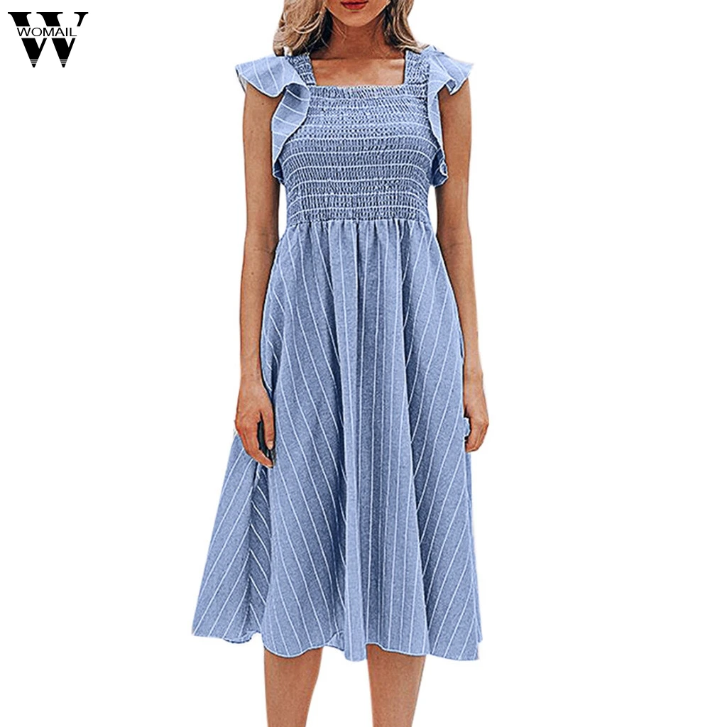

Womail dress woman Summer Casual Beach Ruffles Sleeve Square Collar Stripe Print Long Dress party fashion Daily NEW 2019 A4