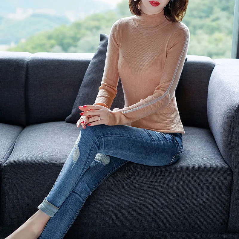 Solid elastic knit turtleneck slim basic sweater 2018 new long sleeve women autumn pullover sweater shirts