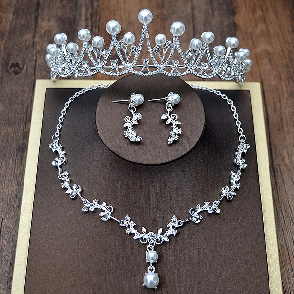 Rhinestone Jewelry Sets Necklace Pendant Tiaras Earrings For Women Pageant Wedding Crowns Bridal Hair Accessories  (1)