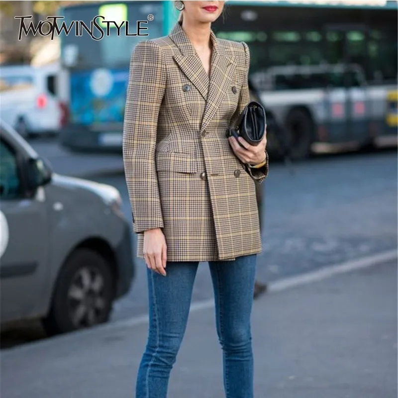 Женский шерстяной Блейзер TWOTWINSTYLE винтажный клетчатый пиджак с отложным