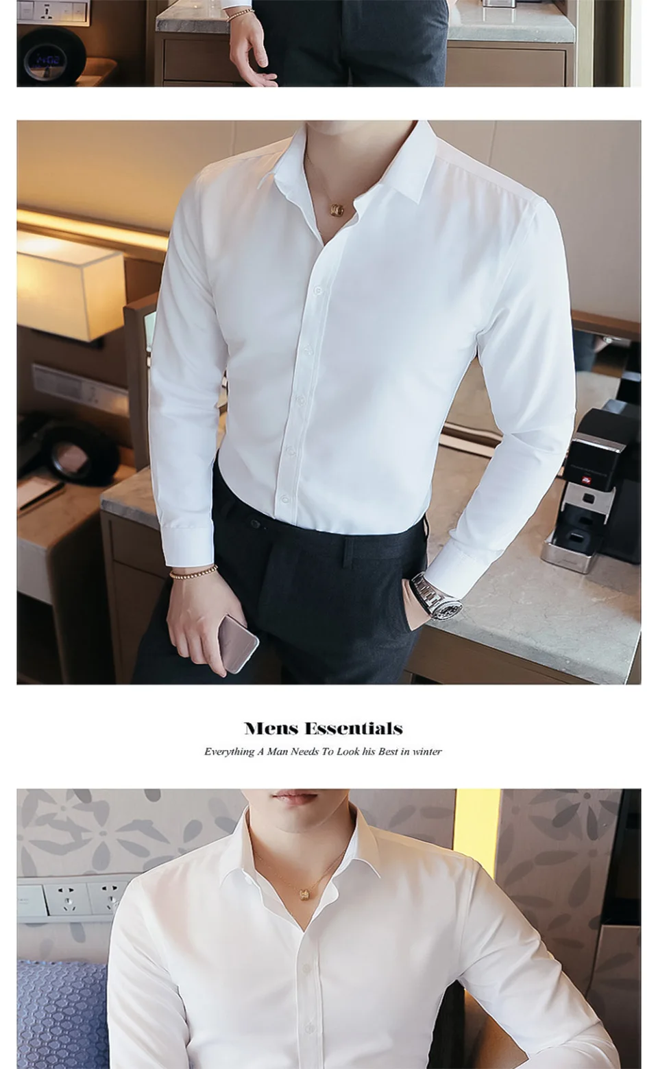 FuyBill Однотонная рубашка с длинным рукавом мужская Корейская Молодежная однобортная полиэстер тонкая деловая Повседневная Однотонная рубашка