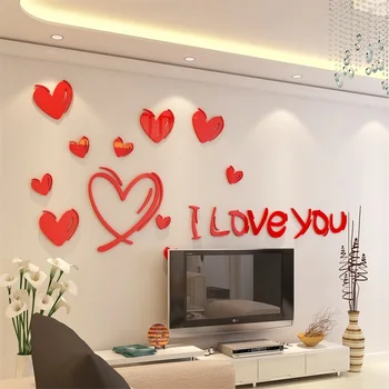 

Romantic Loving Heart Wall Sticker Wall Decals Living Room Wedding Home Decor 3D Stickers Red And Pink Wallpaper Large Size