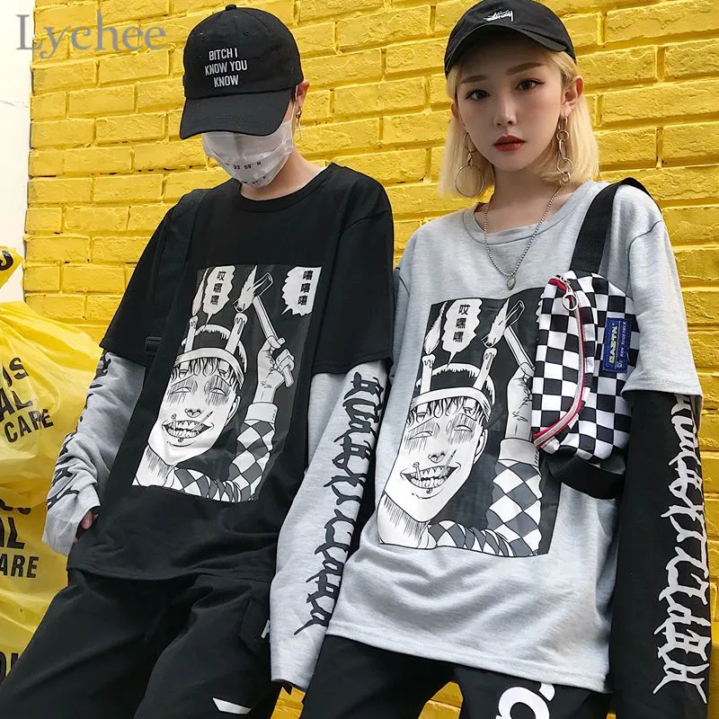 Lychee Harajuku Japanese Junji Ito Anime Print Women T-Shirt Fake 2 Pieces O-Neck Long Sleeve Casual Loose Female T-shirt