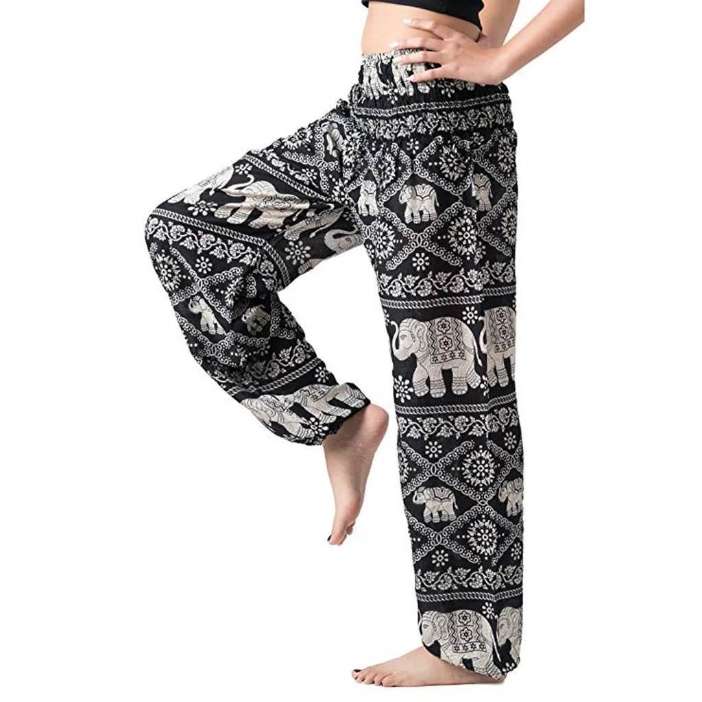 

2019 Women's Pants Loose Bohemian Boho Casual Wide Leg Pants Female Summer Hippie Pants Smocked Waist Trousers Long Sweatpants