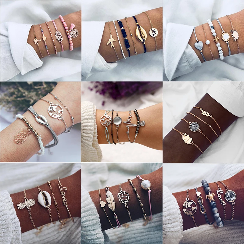 

AY 9 Styles Bohemia Heart Rope chain Bracelets Set Letters Love Pineapple Shell Bracelet & Bangle Jewelry Gift for Friends