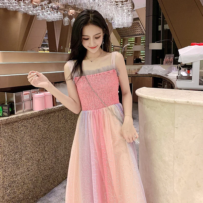 

Spring/summer Pink Rainbow Mesh Sequined Halter Dress Women 2019 O-Neck Off The Shoulder Sleeveless Patchwork Women Dress