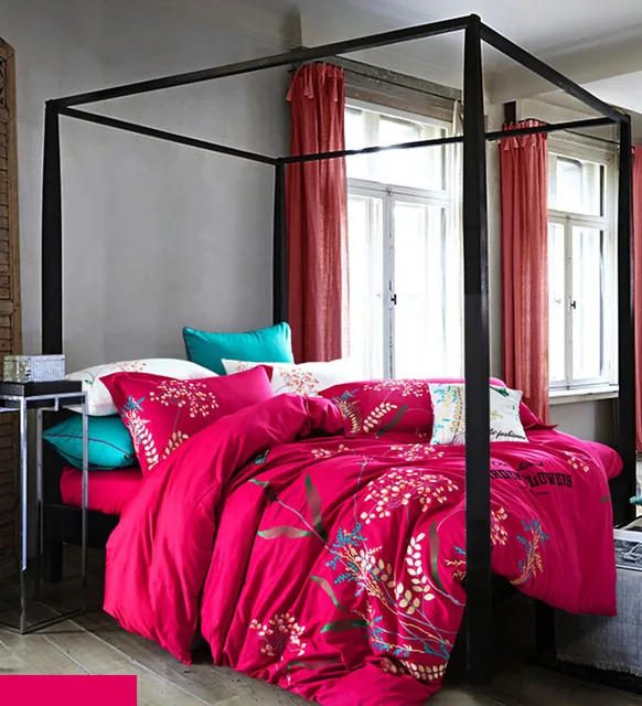 wine red embroidery 4pcs bedding set zipper comforter cover flat bed bed sheet zipper