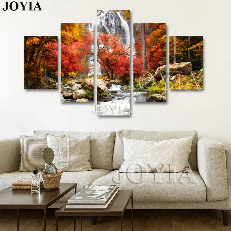 

5 Piece Multi Pictures Colorful Forest Waterfall Beautiful Landscape Paintings For Living Room Wall Decor Canvas Art No Frame