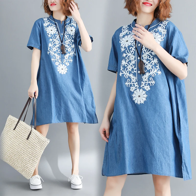 2019 Summer Women Oversize Demin Dress Elegant Vintage Short Sleeves Loose Casual Cowboy Dresses embroidery cotton Jeans Dress
