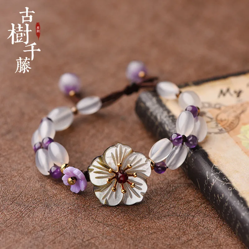 

women bracelet purple crystal beaded chalcedony flowers pendant fashion jewelry accessories fine femme rope chain S104