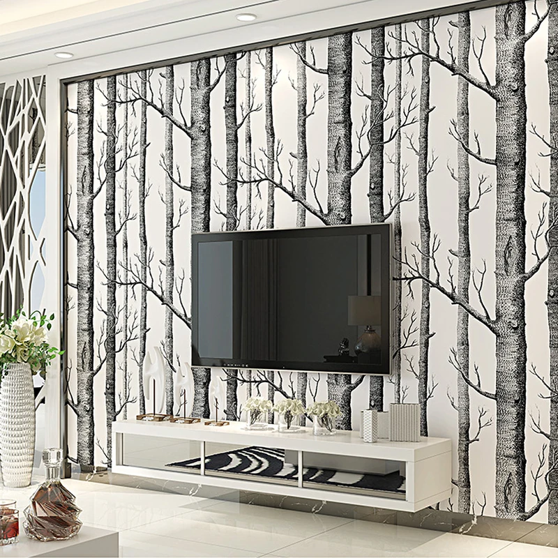 Black White Birch Tree Wallpaper for Bedroom Modern European Design Living Room Wall Paper Roll Rustic Forest Woods Wallpapers