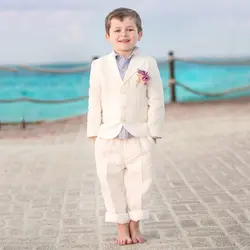 Бежевые костюмы для мальчиков 2019 г., для пляжа, свадьбы, детский блейзер с надрезом, Детские смокинги для жениха, 3 предмета (куртка + штаны +