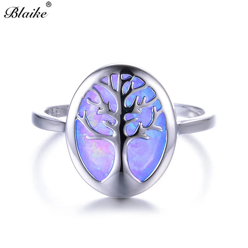 Blaike Luxury Blue/White Fire Opal Cute Life Tree Rings For Women Men 925 Sterling Silver Birthstone Fine Jewelry Graduate Gift