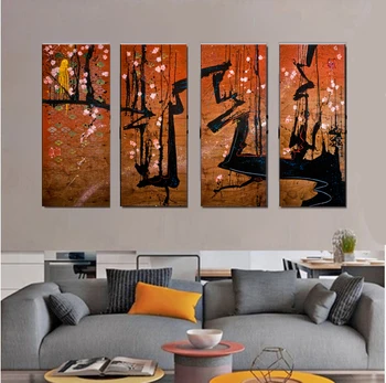 

4 pieces handmade painting abstract flower on oil canvas for home decor and wall art poster