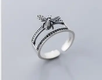 

Retro 100% Authentic REAL.925 Sterling Silver Fine Jewelry Double Rows with Insect honeybee Bee Ring GTLJ1514