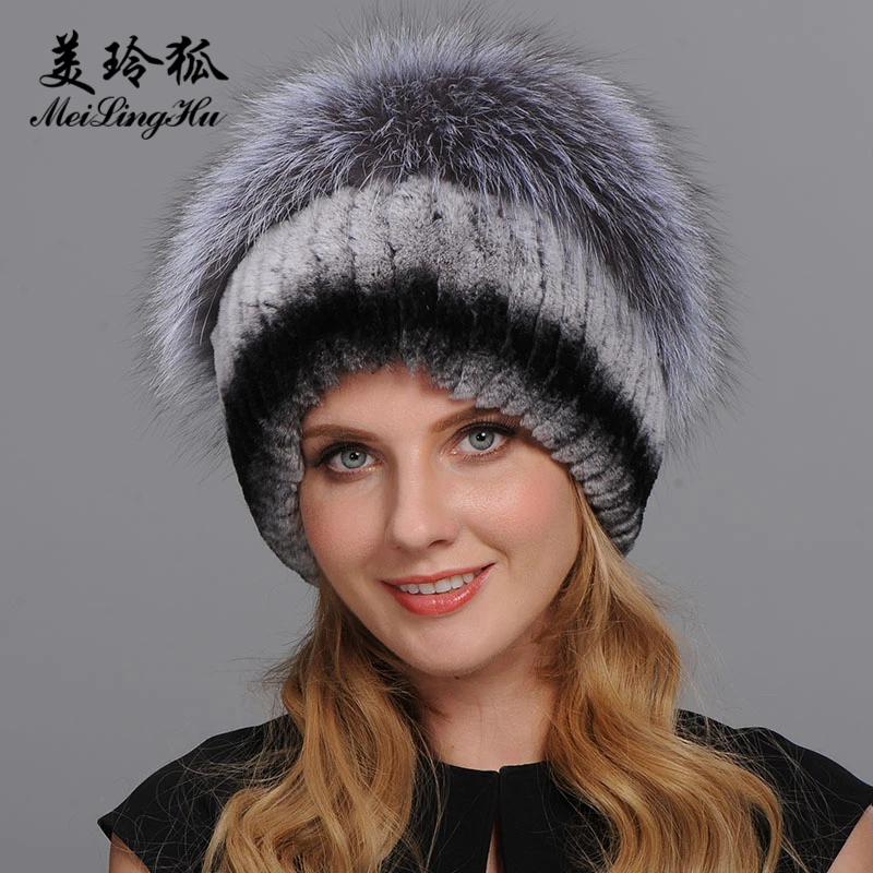 Women Warm Genuine Fur Hats Natural Rex Rabbit Fur Fox Skin Top Mushroom Shape Caps 2017 Winter New Female Casual Beanies