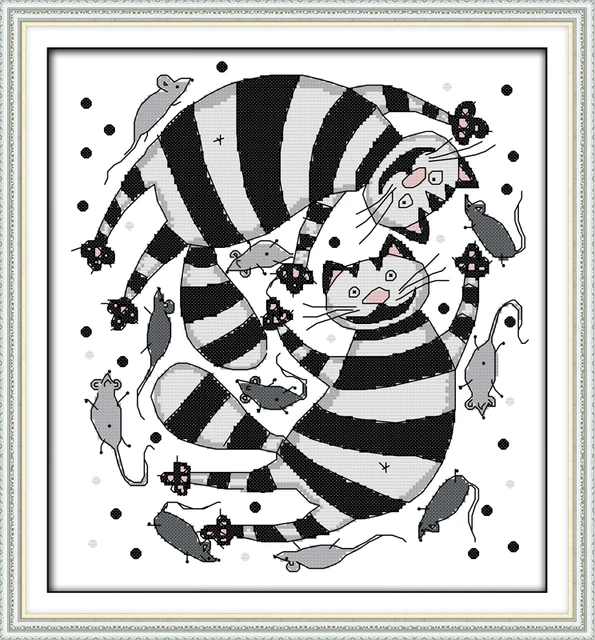 Us 908 49 Offjoy Sunday The Black And White Cats Hunting The Mice Cross Stitch Embroidery Handmade Crafts Needlework Embroidery Home Decor In