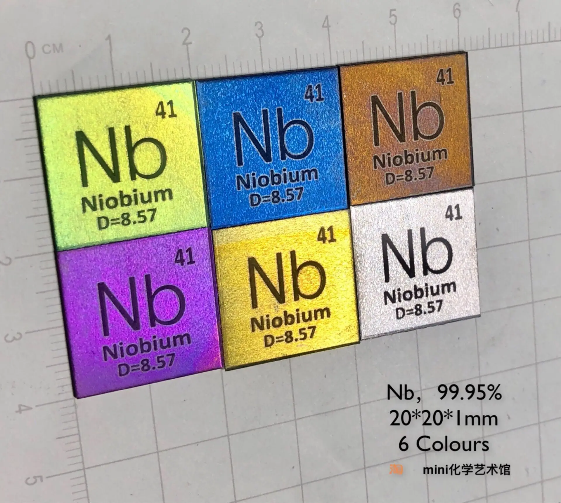 

One Set of 6pcs New Six Colors Niobium Slice Rainbow Niobium Slice 1*20*20 Nb 99.95 3.5g