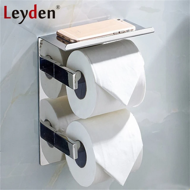 Leyden Double Toilet Paper Holder With Mobile Phone Storage Shelf Leyden Double Toilet Paper Holder With Mobile Phone Storage Shelf Stainless Steel Polished Chrome Wall Mount