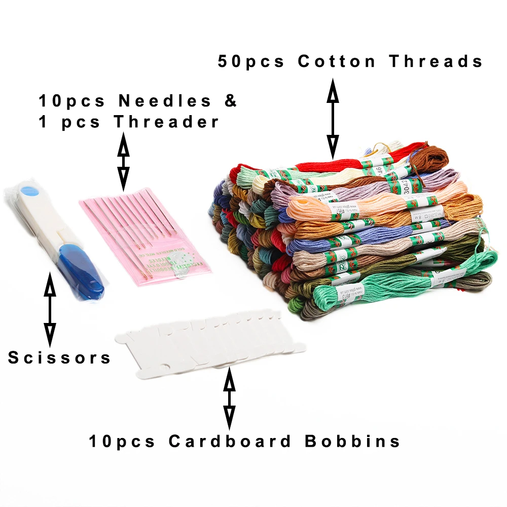 

50 Skines DMC Colors 100% Cotton Embroidery Floss Cross Stitch Threads With Scissors Needle Threader Cardboard Bobbin