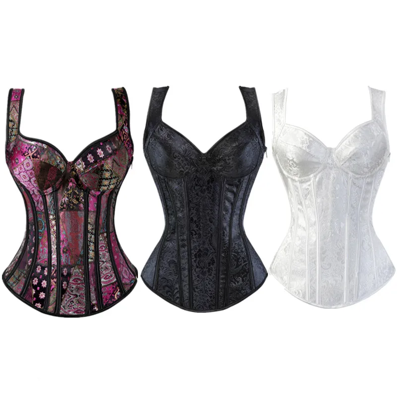 

Vintage Jacquard Shoulder Strap Corset with Cup Lingerie Zipper Side Corsets and Bustiers Plus Size Gothic Sexy Overbust Corset