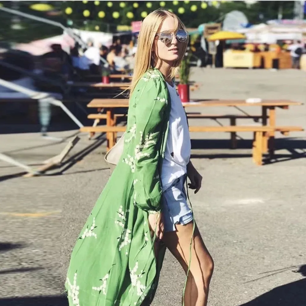 

Women jacket summer boho kimono Cardigan long sleeve Floral print lace up chiffon Kimono Top Beach wear female jacket kimono
