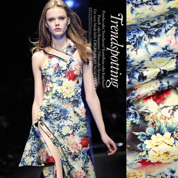 

118cm wide 97% silk & 3% spandex 19mm blue yellow pink red flower print elastic silk satin fabric or clothes dress