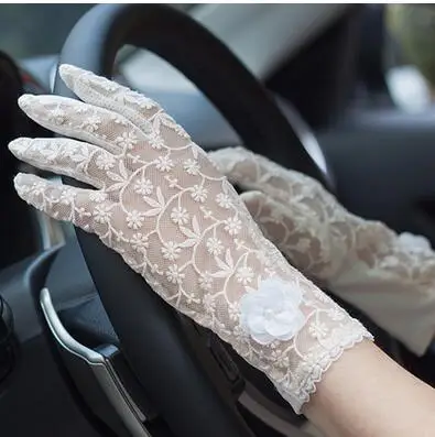 Женские кружевные солнцезащитные перчатки на весну и лето, женские противоскользящие перчатки для вождения, сексуальные кружевные перчатки для девушек R002 - Цвет: C cream
