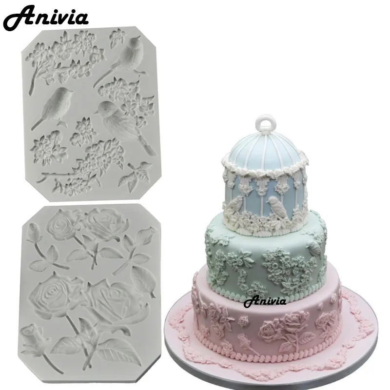 

Rose Stems, Bird & Blossoms Silicone Mold Fondant Mould Cake Decorating Tools Chocolate Gumpaste Molds, Sugarcraft