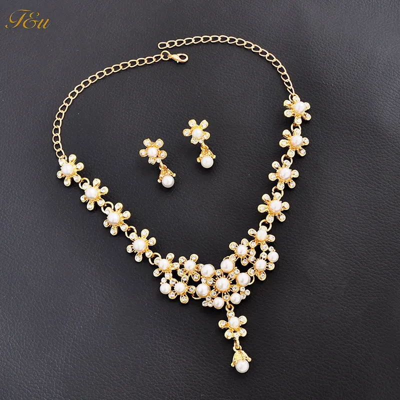 

F&U Gold Color Flower Shaped Pearl Pendant Necklace and Elegant Dangle Earrings Jewelry Set