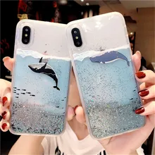 2018 funda de teléfono moderna de lujo dibujo ballena pez transparente con brillo estrella dinámica con líquido y arena movediza para iPhone 6 6S 7 8 Plus X