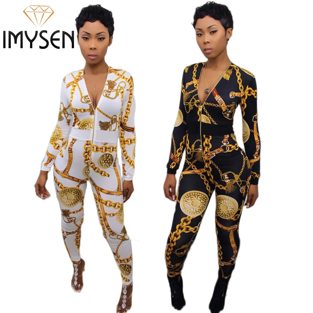 IMYSEN New Gold Chains Printed Sexy Jumpsuit Women Romper Autumn Winter