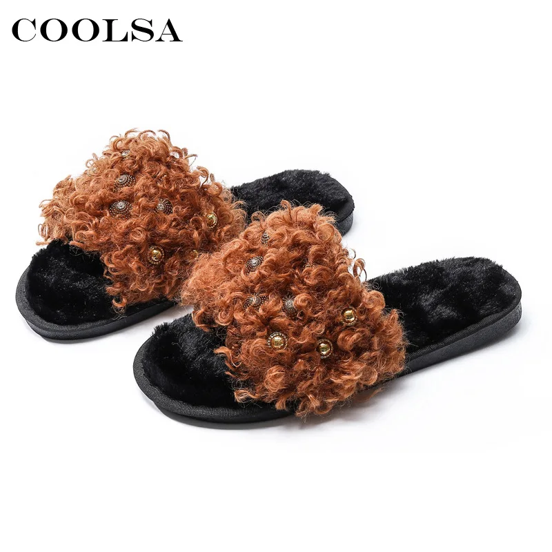 

Coolsa New Winter Women Indoor Plush Cotton Slippers Faux Mongolia Sheep Fur rivet flat Home Slipper Female Cute warm Hot Shoes