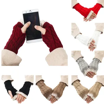 

Fall Fashion Women Knit Fingerless Gloves Winter Lady Warm Jacquard Plaid Mittens Lace Featured Design Long Half Finger Mitten